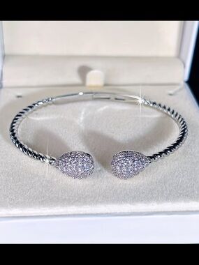 Affordable Fashion Finds Silver Pavé Teardrop Open Bangle Bracelet